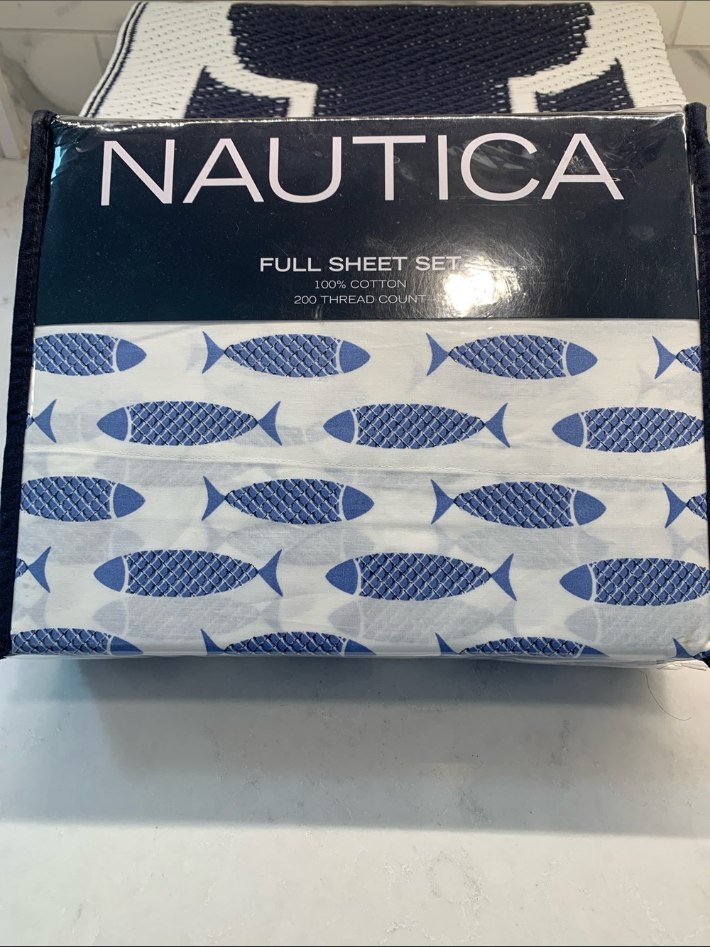 NEW Nautica Woodblock Blue Fish Cotton Full Sheet Set - Picture 3 of 10